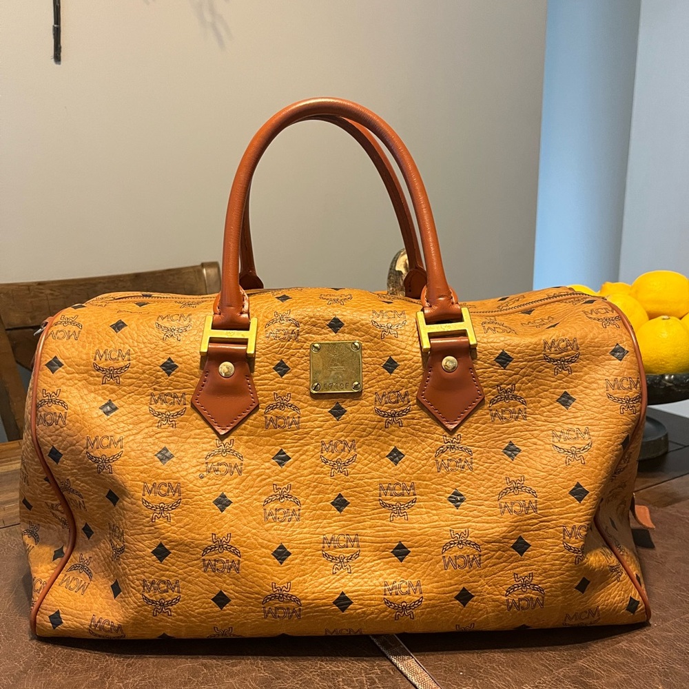 MCM Tan Logo Patterned Travel Bag